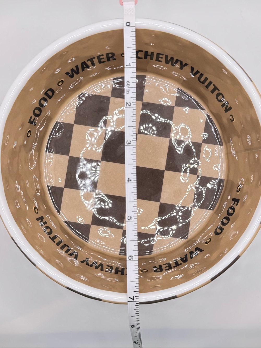 Chewy Vuiton Paris Dog Bowl Tan & Brown Checkered “Luxury” Pet Food Water Bowl - Picture 6 of 8